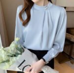 Elegant Pearl Button Chiffon Blouse – Light Blue Long Sleeve Office Top - 图片 22