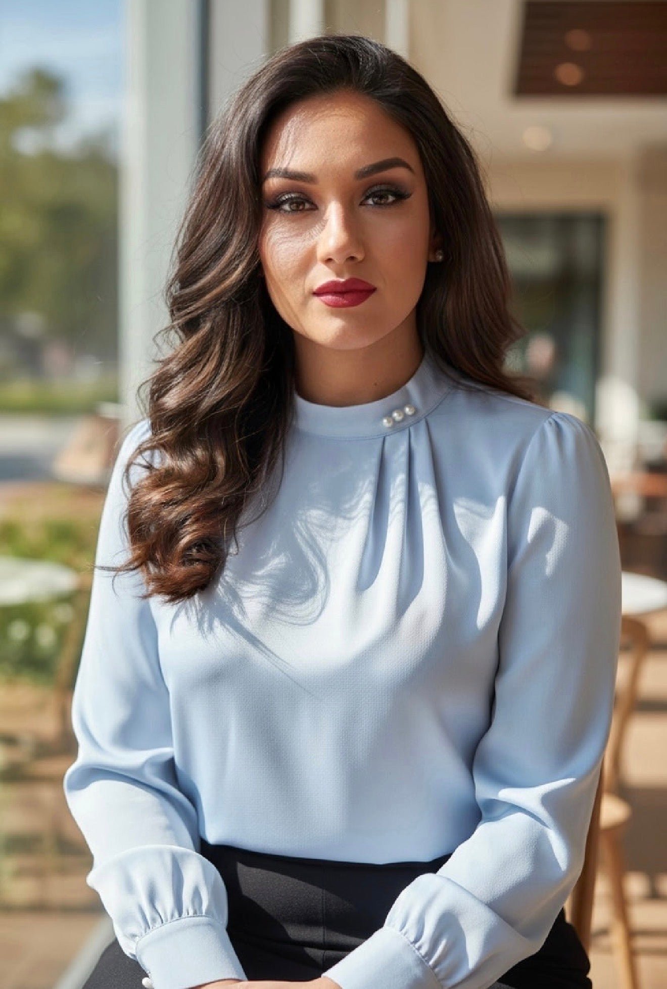CBCE7920-7456-42B2-8256-76D0A75BDE9E Elegant Pearl Button Chiffon Blouse – Light Blue Long Sleeve Office Top - 图片 1