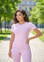 Luxury Seamless Pink Two-Piece Activewear Set – Short Sleeve Top & High-Waist Leggings Gym Outfit - 图片 22