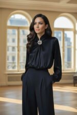 Black Satin High-Neck Blouse with Crystal Accent|Elegant Jewel Neck Long Sleeve Satin Blouse - 图片 10