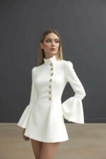 Elegant White High-Neck Mini Dress for Women | Gold Button Long Sleeve Structured Dress