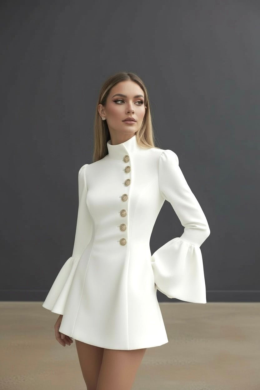 FullSizeRender_8426a64c-387a-45c0-aa95-8bfb2f91846e Elegant White High-Neck Mini Dress for Women | Gold Button Long Sleeve Structured Dress - 图片 1