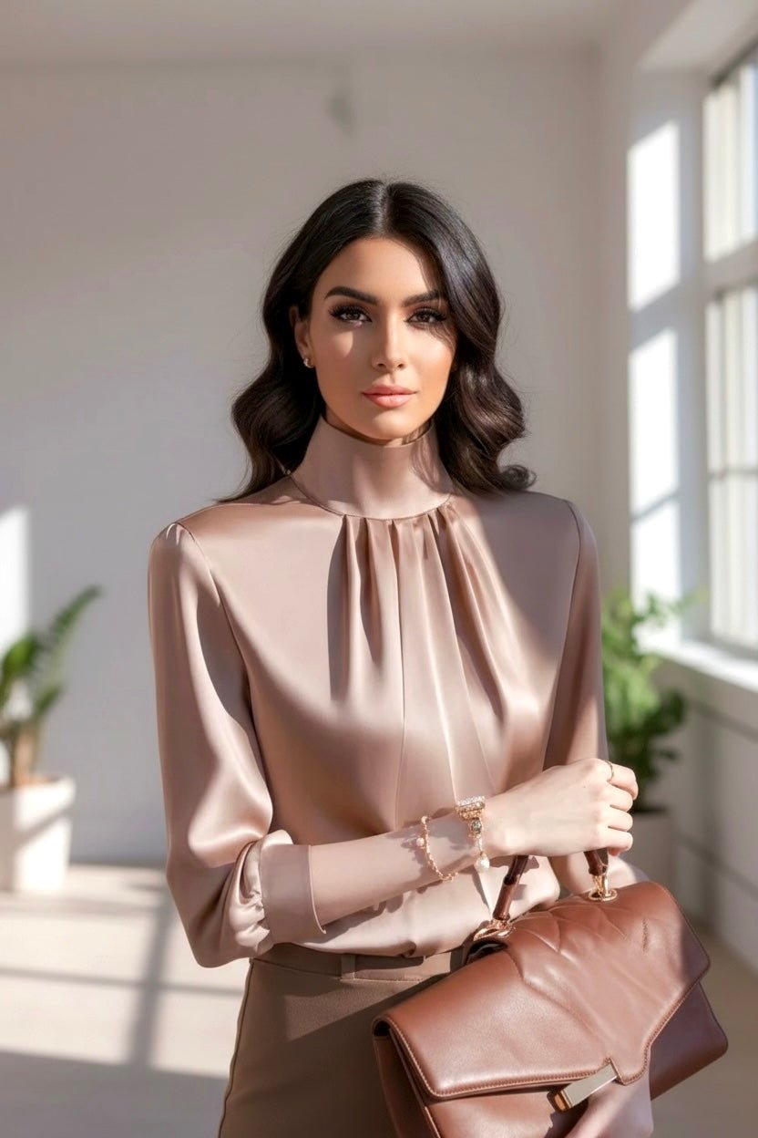 FullSizeRender_aa94ed53-1ceb-4df3-98ce-d40ac7f83dcb Luxury Satin Pleated Blouse – Elegant Long Sleeve Silky Top for Women - 图片 1