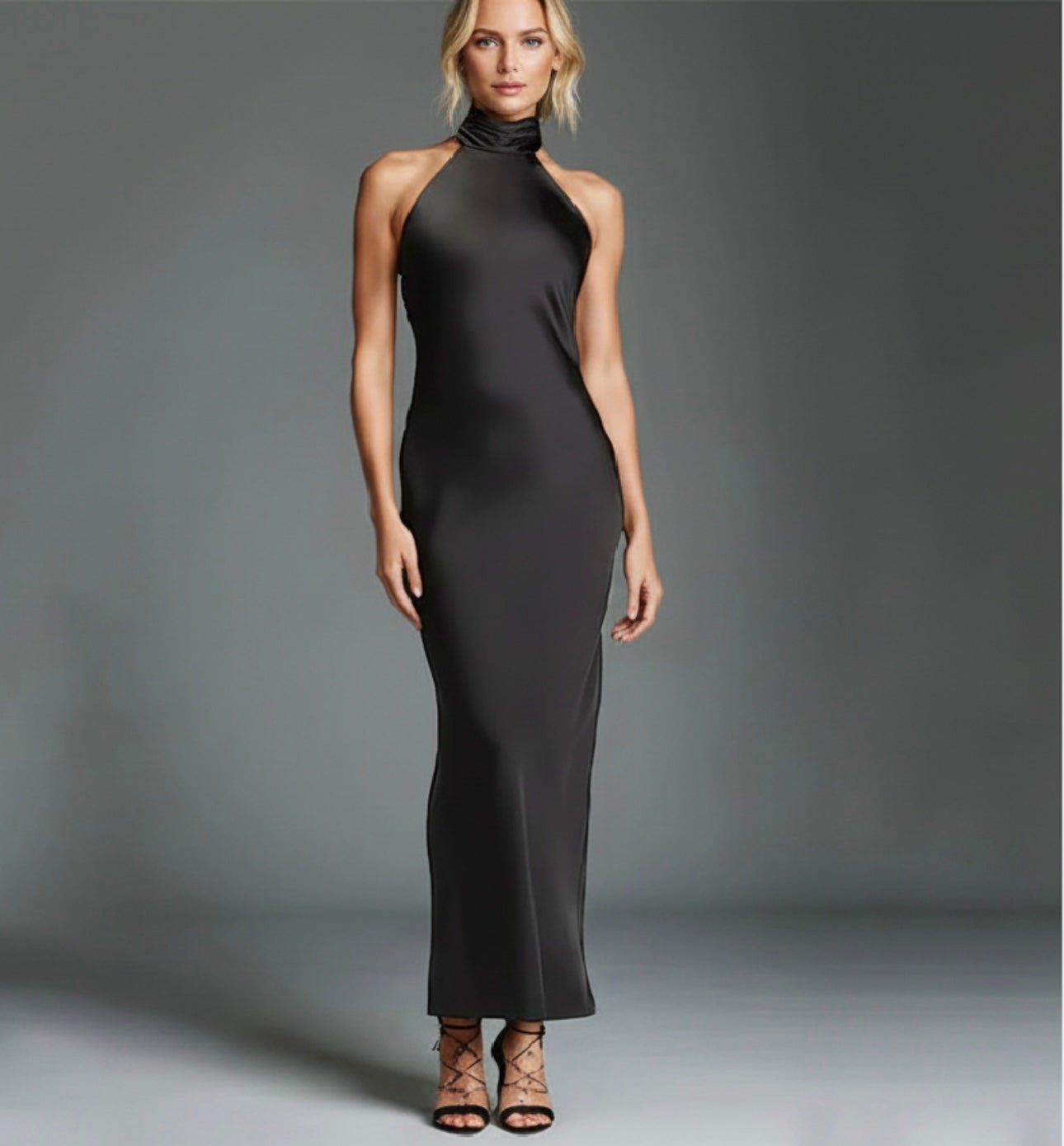 FullSizeRender_b2db37b2-0405-452b-b9a5-22279a9e04a7 Elegant Black Halter Neck Maxi Dress – Sleek Minimalist Evening Gown - 图片 1