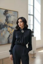 Black Satin High-Neck Blouse with Crystal Accent|Elegant Jewel Neck Long Sleeve Satin Blouse