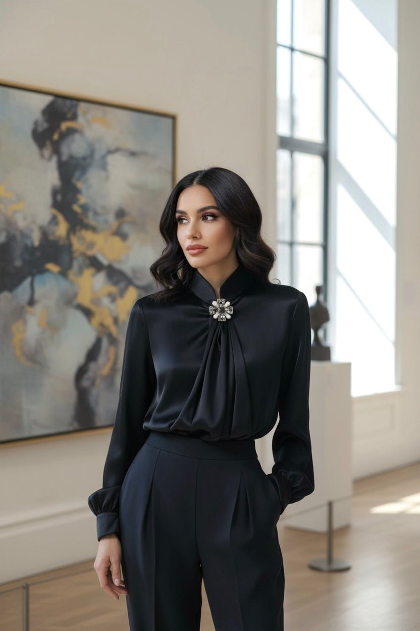 FullSizeRender_ce4d868e-4114-425f-93a3-c98c9a6c9477 Black Satin High-Neck Blouse with Crystal Accent|Elegant Jewel Neck Long Sleeve Satin Blouse - 图片 1