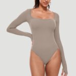 Luxury Long Sleeve Square Neck Bodysuit for Women – Slim Fit Stretch Bodycon Top | Subailili - 图片 4