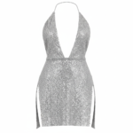 Silver Sequin Deep V Halter Mini Dress with Side Slit – High Glam Party Look - 图片 9