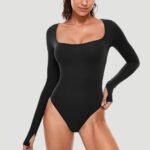 Luxury Long Sleeve Square Neck Bodysuit for Women – Slim Fit Stretch Bodycon Top | Subailili - 图片 3