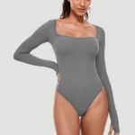 Luxury Long Sleeve Square Neck Bodysuit for Women – Slim Fit Stretch Bodycon Top | Subailili - 图片 5