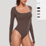 Luxury Long Sleeve Square Neck Bodysuit for Women – Slim Fit Stretch Bodycon Top | Subailili
