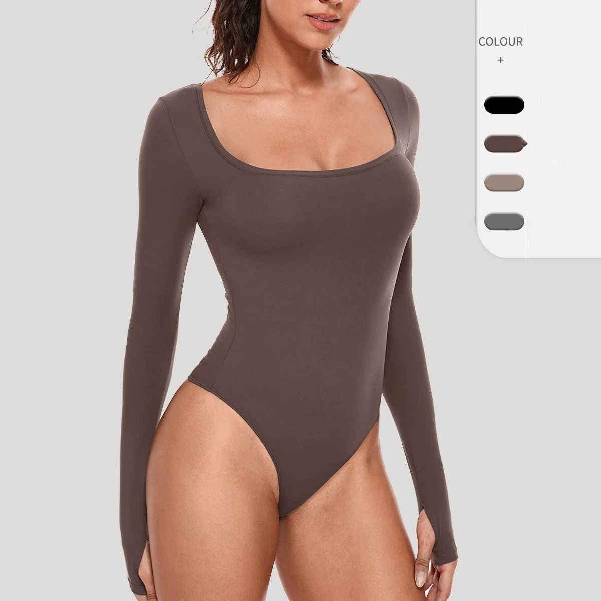 H4ba7b45680ea4e3ea7552a0f90b6630cT Luxury Long Sleeve Square Neck Bodysuit for Women – Slim Fit Stretch Bodycon Top | Subailili - 图片 1
