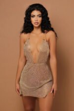 Silver Sequin Deep V Halter Mini Dress with Side Slit – High Glam Party Look - 图片 2