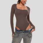 Luxury Long Sleeve Square Neck Bodysuit for Women – Slim Fit Stretch Bodycon Top | Subailili - 图片 6