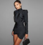 Elegant Black High-Neck Ruched Mini Dress with Structured Shoulders - 图片 3