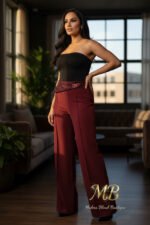 Burgundy High Waist Wide Leg Pants with Sequin Waistband | Elegant Dressy Women’s Trousers - 图片 5