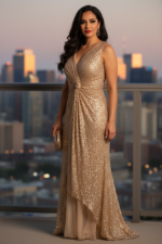 Gold Sequin Sleeveless Maxi Dress for Women | V-Neck Ruched Evening Gown with Slit - 图片 17