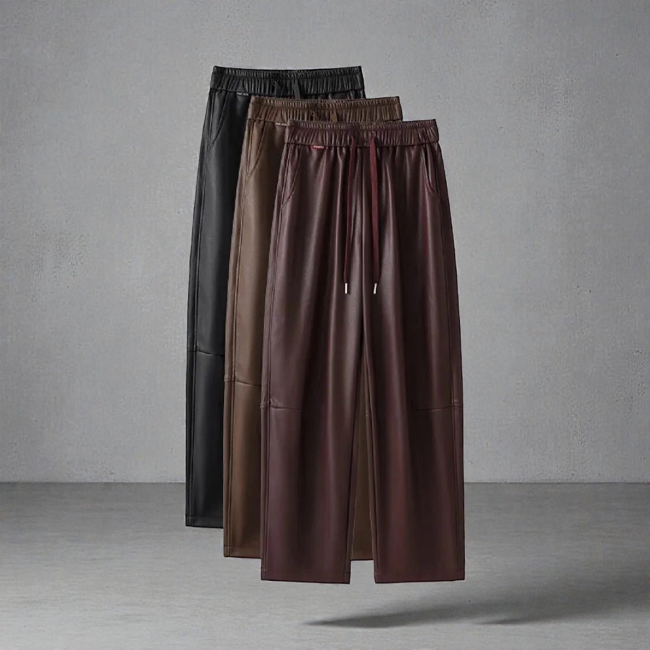 IMG-5491 Luxury PU Leather Jogger Pants for Women – High-Waist Elastic Drawstring Wide-Leg Trousers – Comfy Chic Vegan Leather Athleisure Pants - 图片 1