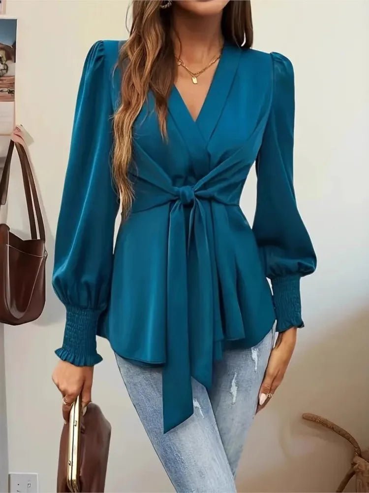 S0070befdc8a94f2199ae320e80c2288dc Teal Long Sleeve Wrap Blouse for Women – V-Neck Tie-Front Elegant Top | Chic Everyday & Workwear Blouse - 图片 1