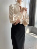 Elegant Twist-Neck Satin Blouse for Women – Long Sleeve Formal Top - 图片 10