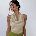 Elegant Satin Halter Blouse for Women – Sleeveless Bow Neck Office Lady Top