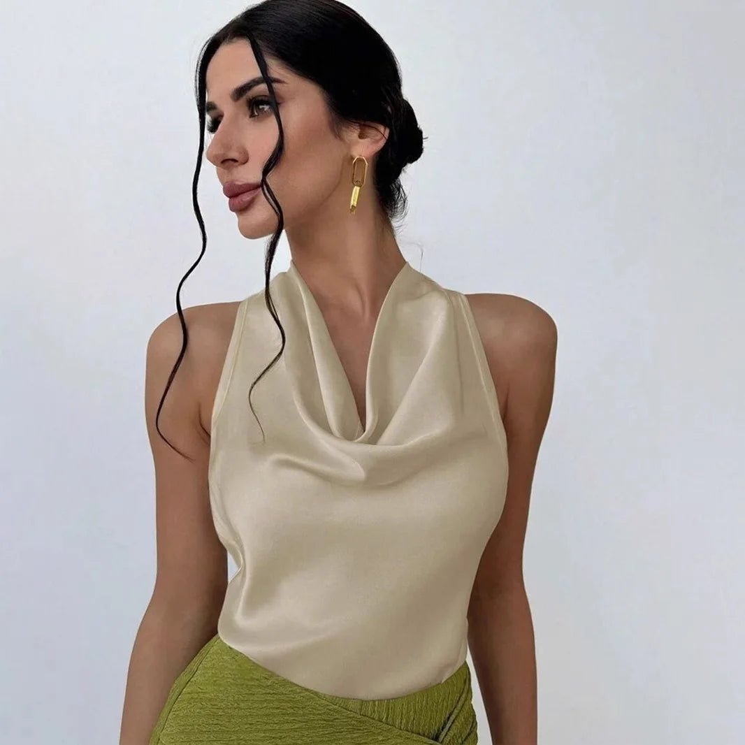 S043623f00555494f81b79b1ff28d0d16H Elegant Satin Halter Blouse for Women – Sleeveless Bow Neck Office Lady Top - 图片 1