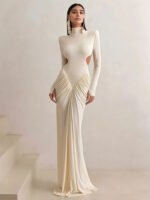 Elegant Ivory Long Sleeve Maxi Dress – High Neck Cut-Out Bodycon Evening Gown for Women