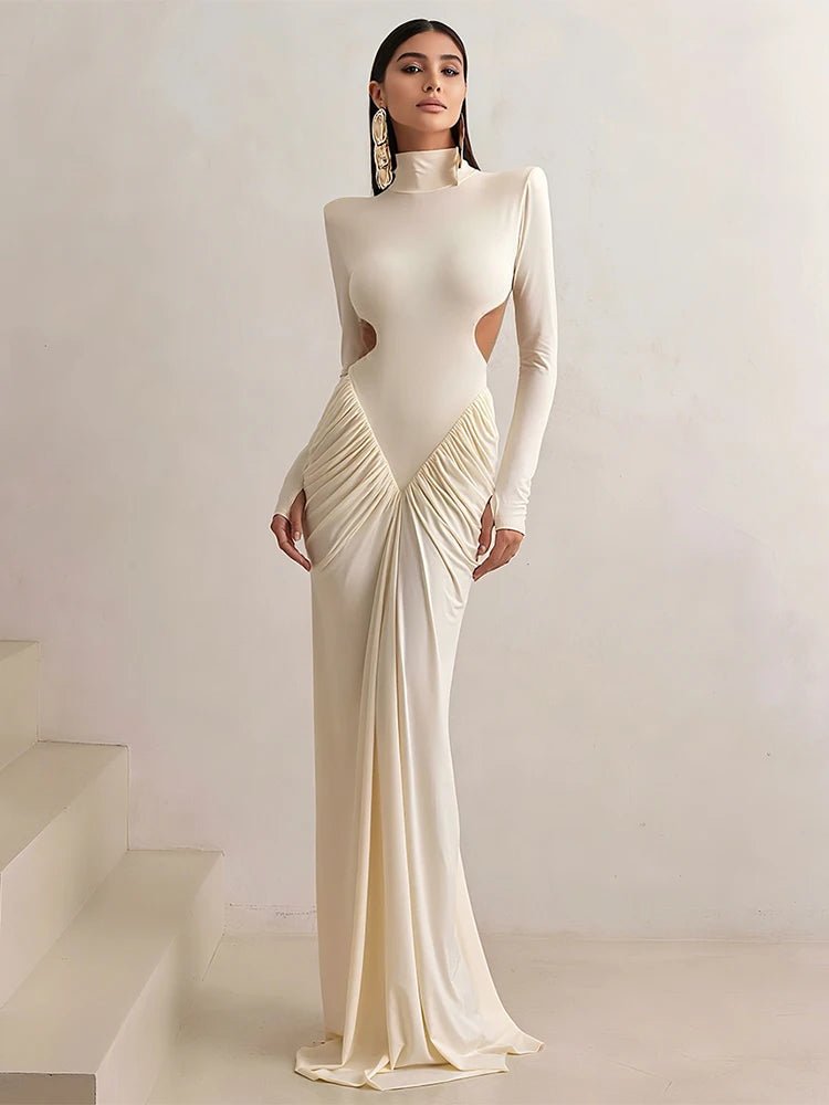 S053bf2e98b074667b96e14c394fbe510P Elegant Ivory Long Sleeve Maxi Dress – High Neck Cut-Out Bodycon Evening Gown for Women - 图片 1