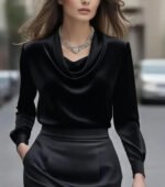 Luxury Draped Satin Blouse for Women – Elegant Long Sleeve Cowl Neck Top - 图片 7