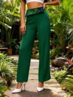 Burgundy High Waist Wide Leg Pants with Sequin Waistband | Elegant Dressy Women’s Trousers - 图片 11