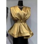 Luxury White Satin Wrap Mini Dress with Gold Belt – Elegant V-Neck Layered Skirt Evening Party Dress - 图片 2