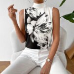 Black & White Floral Sleeveless High-Neck Blouse – Elegant Monochrome Women’s Top | Boutique Fashion
