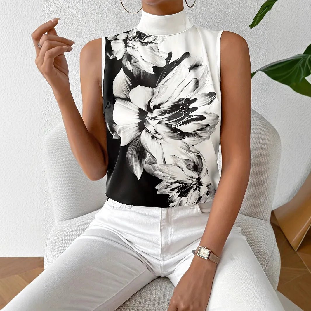 S10352dbdf79b4712b9fc10dd0c3d1792f Black & White Floral Sleeveless High-Neck Blouse – Elegant Monochrome Women’s Top | Boutique Fashion - 图片 1