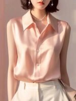 Sleeveless Satin Blouse for Women – Elegant Button-Front Top - 图片 7