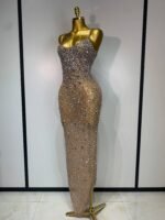 Luxury Champagne Crystal Embellished Maxi Gown – Spaghetti Strap Elegant Evening Dress - 图片 4