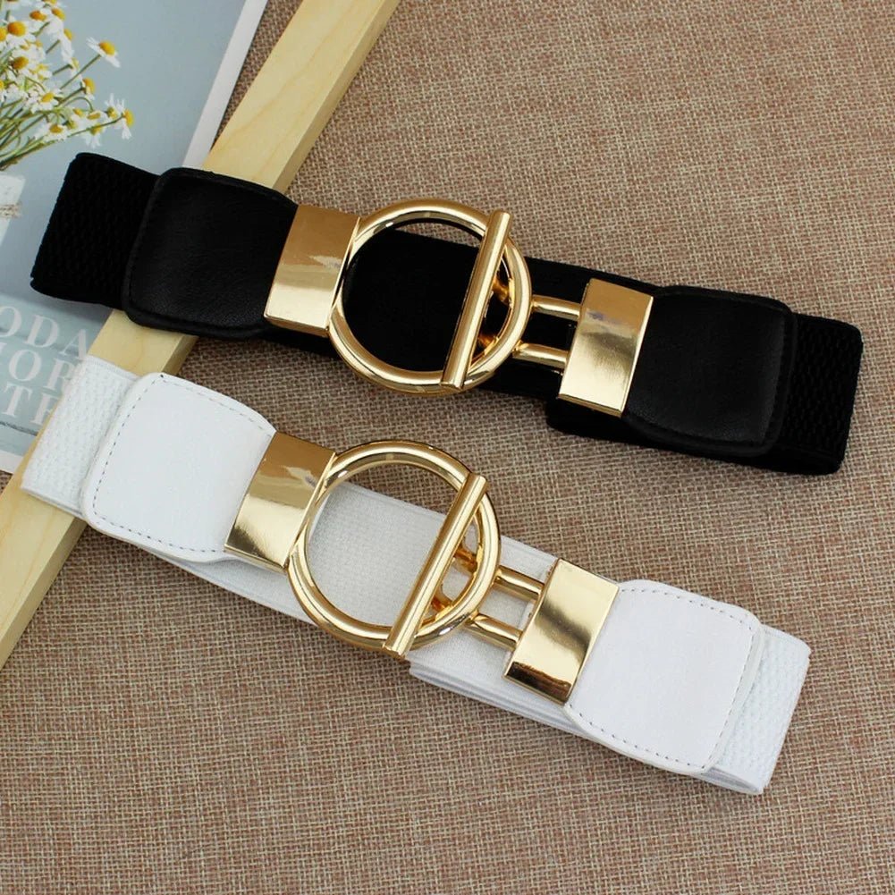 S12e7061983e641d7bb08dc076fbda7aa3 Luxury Wide Elastic Waist Belt for Women | Gold Buckle Stretch Belt in Black, Red & White - 图片 1