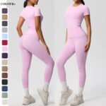 Luxury Seamless Pink Two-Piece Activewear Set – Short Sleeve Top & High-Waist Leggings Gym Outfit - 图片 2