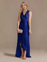 Gold Sequin Sleeveless Maxi Dress for Women | V-Neck Ruched Evening Gown with Slit - 图片 11