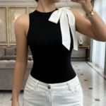 Elegant Black Sleeveless Top with White Bow – Chic High-Neck Women’s Blouse | Modern Boutique Style - 图片 4