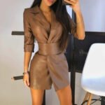 Women’s Faux Leather Blazer Mini Dress | Belted Wrap Bodycon Dress with 3/4 Sleeves - 图片 2