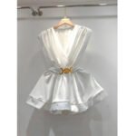 Luxury White Satin Wrap Mini Dress with Gold Belt – Elegant V-Neck Layered Skirt Evening Party Dress