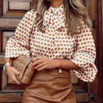 Elegant Bow-Tie Neck Blouse with Balloon Sleeves – Chic Printed Long-Sleeve Top - 图片 5