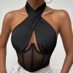 Elegant Halter Neck Mesh Corset Top for Women | Sheer Panel Wrap Neck Crop Top | Clubwear & Night Out Fashion - 图片 15