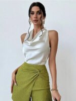 Elegant Satin Halter Blouse for Women – Sleeveless Bow Neck Office Lady Top - 图片 7
