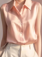 Sleeveless Satin Blouse for Women – Elegant Button-Front Top - 图片 16