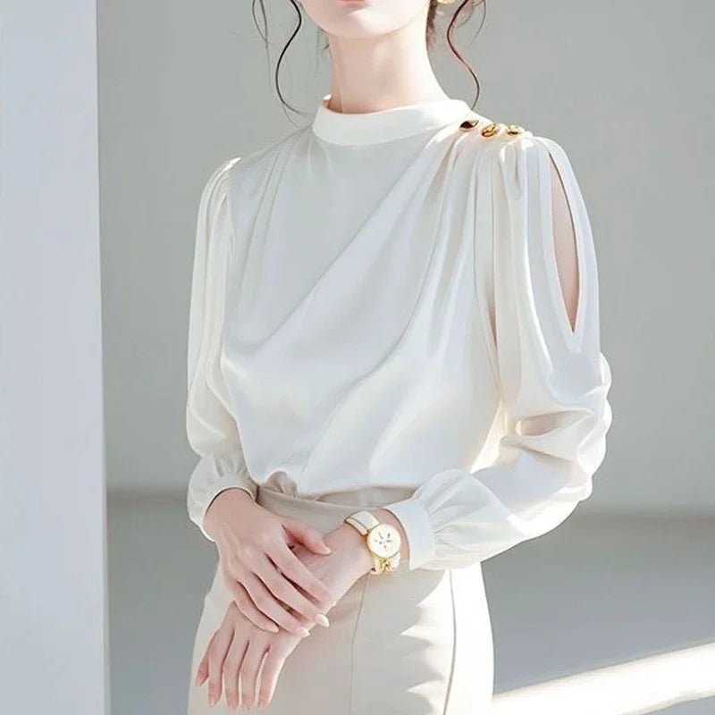 S21543301f8c745c585bb59ae8db8d405Z Luxury Ivory Chiffon Blouse with Gold Button Shoulder & Sheer Sleeves - 图片 1