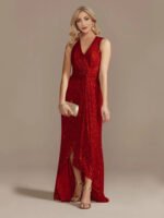 Gold Sequin Sleeveless Maxi Dress for Women | V-Neck Ruched Evening Gown with Slit - 图片 12
