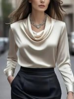 Luxury Draped Satin Blouse for Women – Elegant Long Sleeve Cowl Neck Top - 图片 8