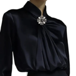 Black Satin High-Neck Blouse with Crystal Accent|Elegant Jewel Neck Long Sleeve Satin Blouse - 图片 4