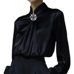 Black Satin High-Neck Blouse with Crystal Accent|Elegant Jewel Neck Long Sleeve Satin Blouse - 图片 3